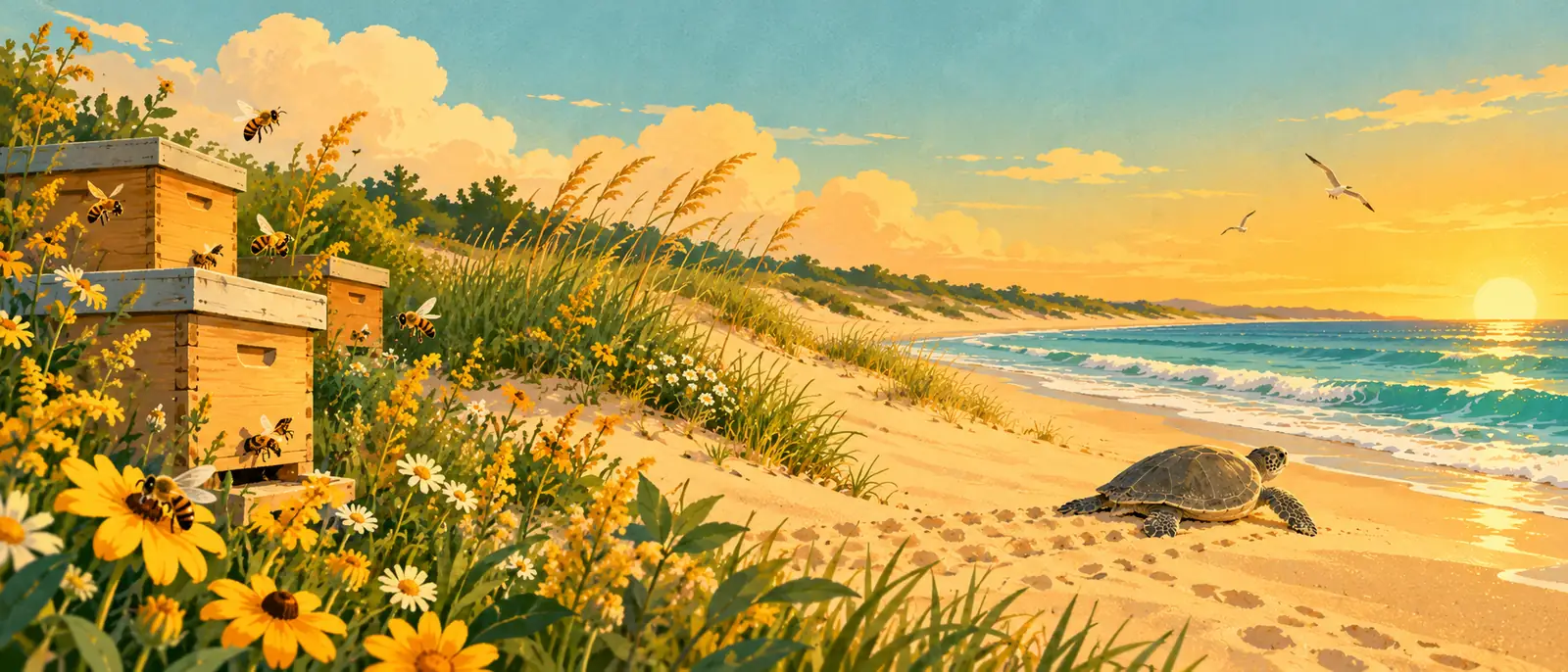 Illustration of beehives and wildflowers leading to a beach where a sea turtle heads into the sea