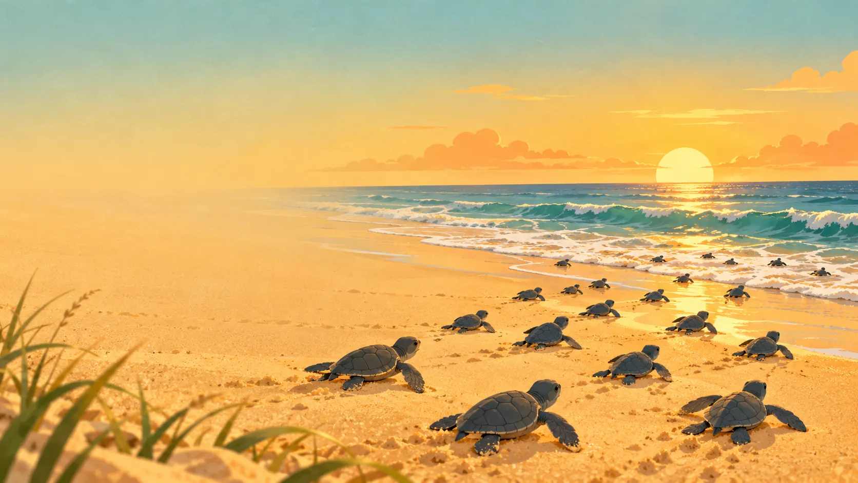 Kemp's ridley sea turtle hatchlings crawling toward the Gulf of Mexico at sunrise