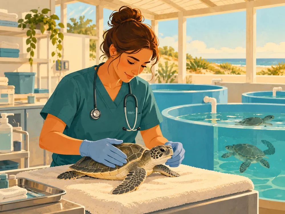 Veterinarian examining a sea turtle at a rehabilitation clinic