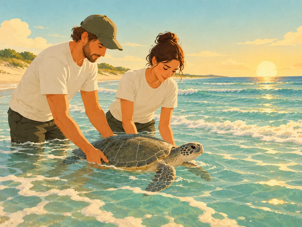 Conservation workers releasing a recovered sea turtle back into the sea
